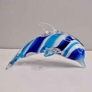 Art Glass Dolphin Figurine Paperweight Blue White Swirl Stripes Murano Style